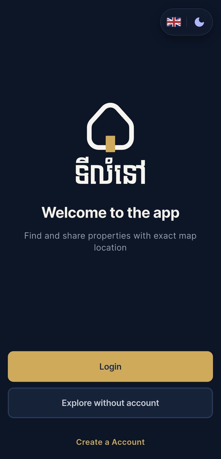 The Tilomnov welcome screen with its logo and the tagline: find and share properties with exact map location